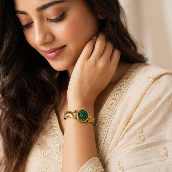 Watches Gold-Tone Pear Shape Green Dial Crystal Stone Bracelet Watch for Women