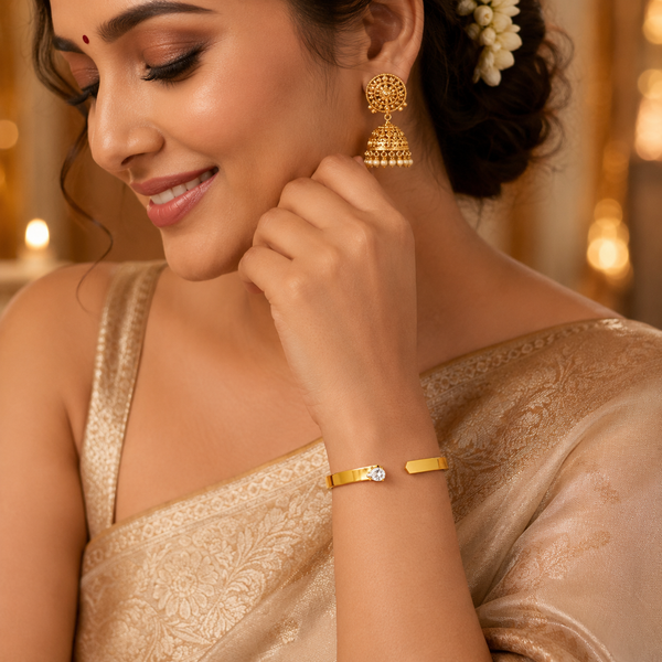Gold Hinged Pear Solitaire Diamond Oval Kada for Women | Single Teardrop Stone Stainless Steel Ladies Bangle | Statement Festive Jewellery - House of Viya