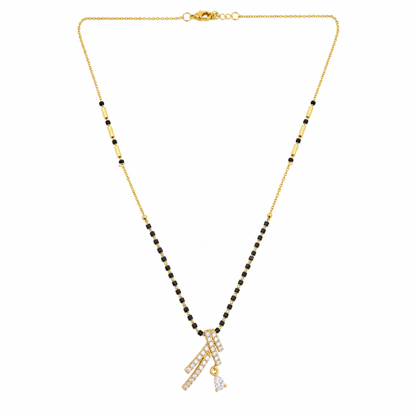 KZ Gold Plated Cross Bar CZ Mangalsutra for Women Black Bead Chain Diagonal X Pendant with Drop FS - House of Viya