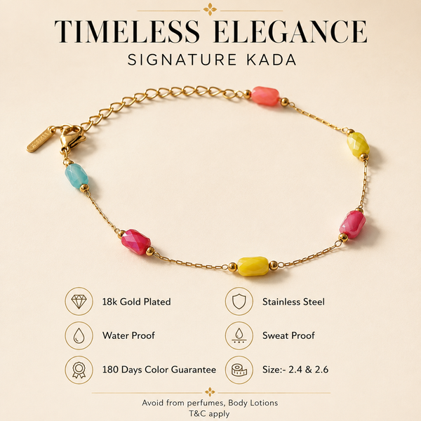 Gold Plated Multi-Colour Oval Stone Bead Station Delicate Chain Bracelet with Lobster Clasp