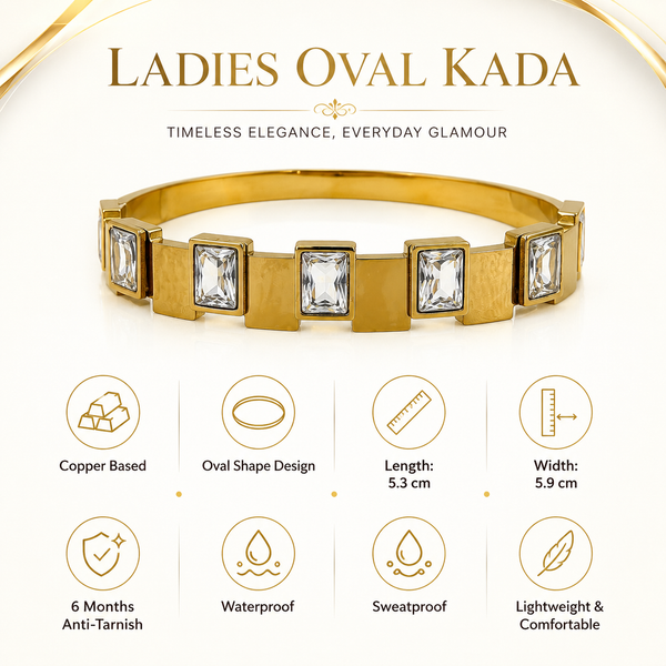 Gold White Stone Rectangular Panel Oval Kada for Women | Crystal Solitaire Stainless Steel Ladies Bangle | Classic Festive Jewellery - House of Viya