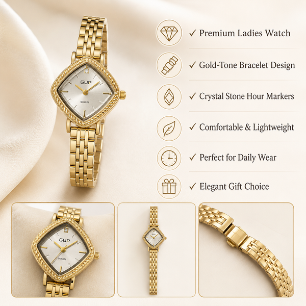 Watches Gold-Tone Cushion Dial Crystal Studded Bracelet Watch for Women - House of Viya
