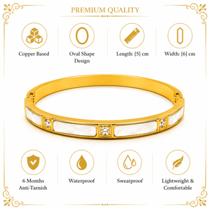 Gold Mother of Pearl White Panel Inlay Oval Kada for Women | Diamond Solitaire Enamel Stainless Steel Ladies Bangle | Bicolor Luxury Jewellery