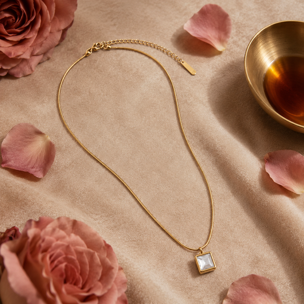 Chain 18K Gold-Plated Fine Chain with Square White Stone Pendant - House of Viya