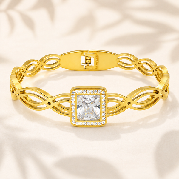 Gold Channel Set Baguette Diamond Oval Kada for Women | Rectangular Stone Row Stainless Steel Ladies Bangle | Premium Design Jewellery - House of Viya