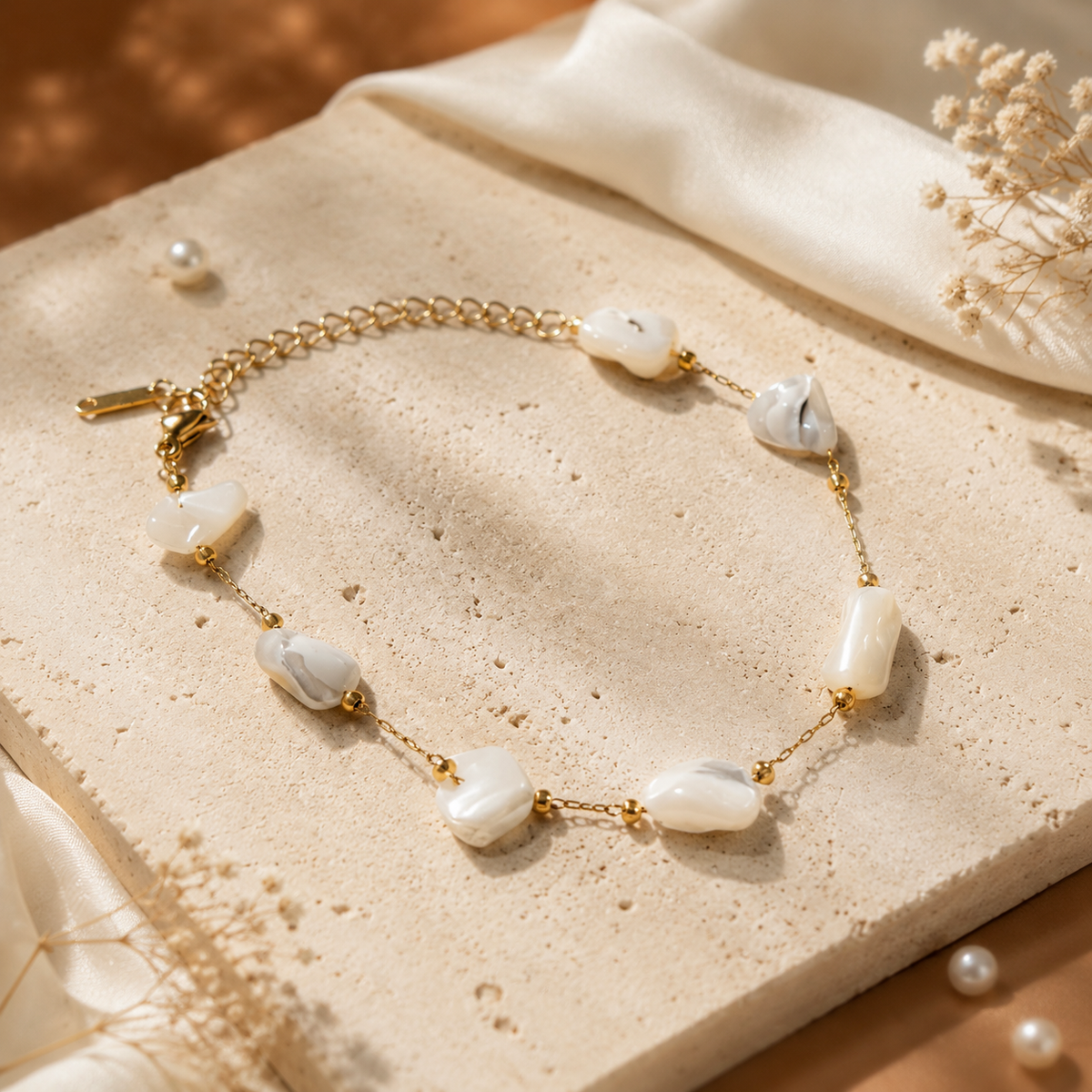 Gold Plated White Heart Mother of Pearl Bead Dual Strand Delicate Chain Bracelet with Lobster Clasp