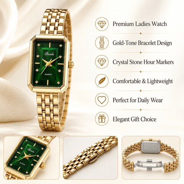 Watches Gold-Tone Rectangular Green Dial Minimal Chain Bracelet Watch for Women - House of Viya