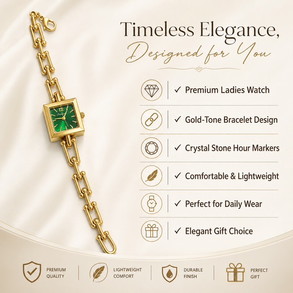 Watches Gold-Tone Square Green Dial Chain Link Bracelet Watch for Women - House of Viya