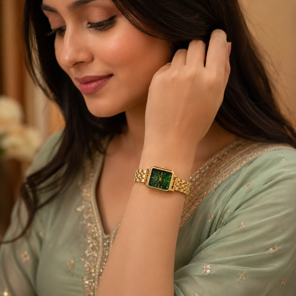 Watches Gold-Tone Rectangular Green Dial Minimal Chain Bracelet Watch for Women - House of Viya
