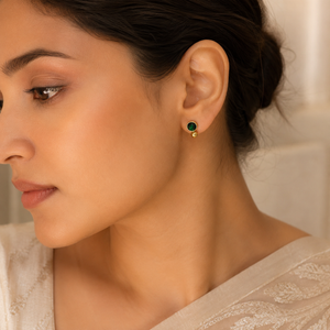 Earrings Gold Floral Cluster, Emerald Oval Drop & Textured Clover Stud Earrings Set of 3 Pairs