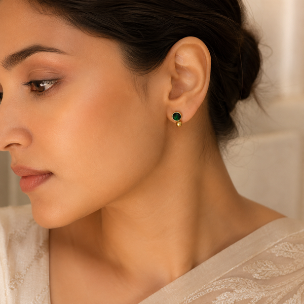 Earrings Gold Floral Cluster, Emerald Oval Drop & Textured Clover Stud Earrings Set of 3 Pairs