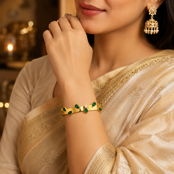 Real Teardrop Pear Emerald Green Stone Gold Oval Kada for Women | Prong Set Gemstone Stainless Steel Ladies Bangle | Premium Stone Festive Jewellery - House of Viya
