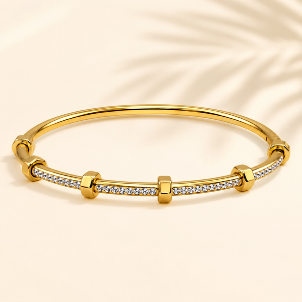 Gold Princess Cut Diamond Panel Oval Kada for Women | Square Stone Stainless Steel Ladies Bangle | Geometric Festive Jewellery - House of Viya