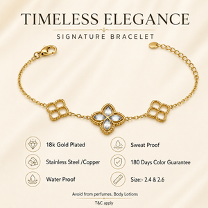 Gold Plated Delicate Chain Bracelet with Triple Quatrefoil Clover Charm Stations and Lobster Clasp