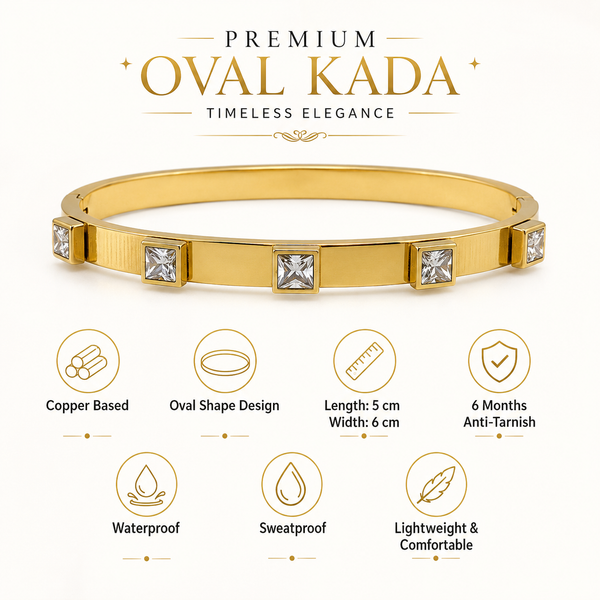 Gold Evenly Spaced Square Solitaire Diamond Oval Kada for Women | Channel Set Single Stone Stainless Steel Ladies Bangle | Premium Festive Jewellery - House of Viya