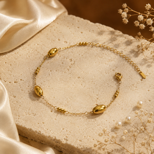 Gold Plated Oval Rice Bead Dual Strand Delicate Chain Bracelet with Lobster Clasp
