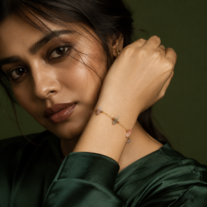 Gold Plated Multi-Colour Natural Stone Chip Dual Strand Delicate Chain Bracelet with Lobster Clasp