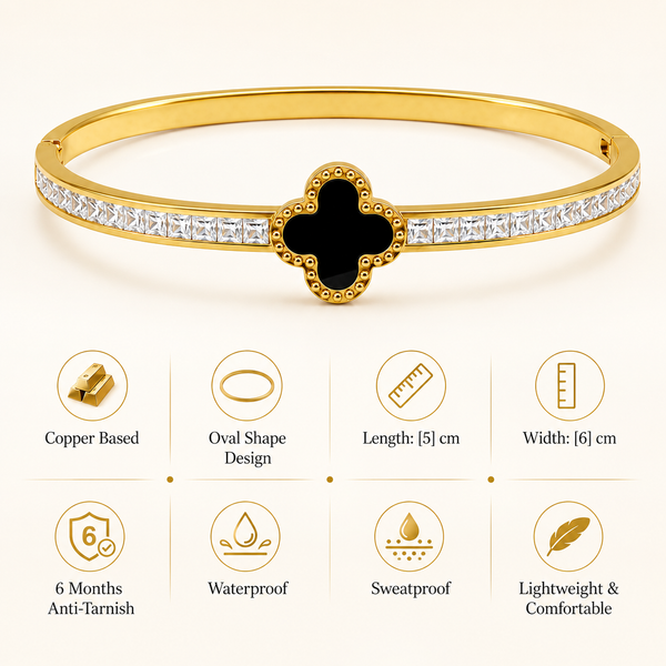 Gold Floral Cluster Diamond Oval Kada for Women | Petal Stone Stainless Steel Ladies Bangle | Flower Design Festive Jewellery - House of Viya