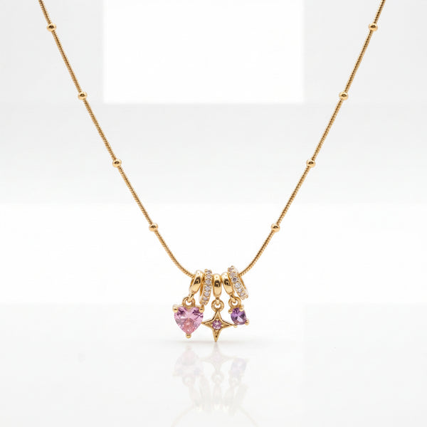 Gold Pink Enamel Heart Charm Pendant Chain Anti-Tarnish Necklace