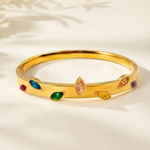 Real Marquise Navette Multicolor Stone Gold Oval Kada for Women | Mixed Cut Gemstone Stainless Steel Ladies Bangle | Colorful Festive Jewellery
