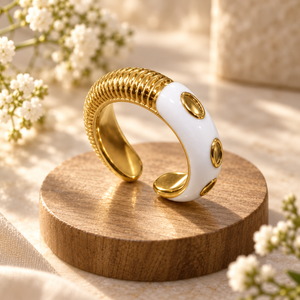 Rings Dual-White Enamel Gold Ribbed Cuff Ring