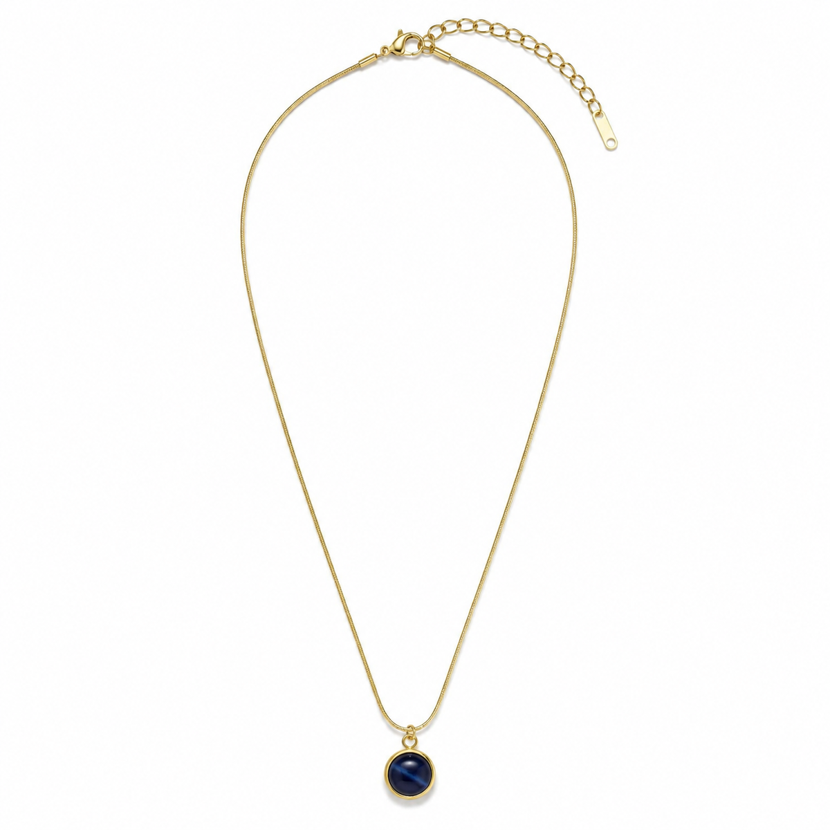 Chain 18K Gold-Plated Slim Chain with Round Dark Blue Pendant