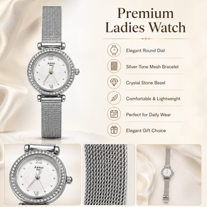 Watches Silver-Tone Round Dial Crystal Studded Bezel Mesh Bracelet Watch for Women