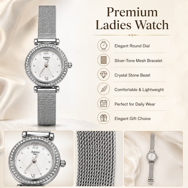 Watches Silver-Tone Round Dial Crystal Studded Bezel Mesh Bracelet Watch for Women