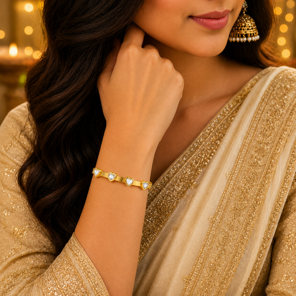 Gold Heart Shape Diamond Oval Kada for Women | Raised Heart Motif Stainless Steel Ladies Bangle | Romantic Festive Jewellery - House of Viya