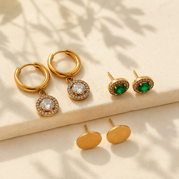 Earrings Halo Drop Hoop, Emerald Oval Bezel & Gold Oval Minimal Stud Earrings Set of 3 Pairs