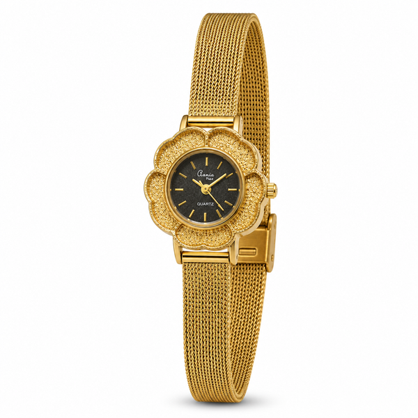 Watches Gold-Tone Flower Dial Black Face Mesh Bracelet Watch for Women