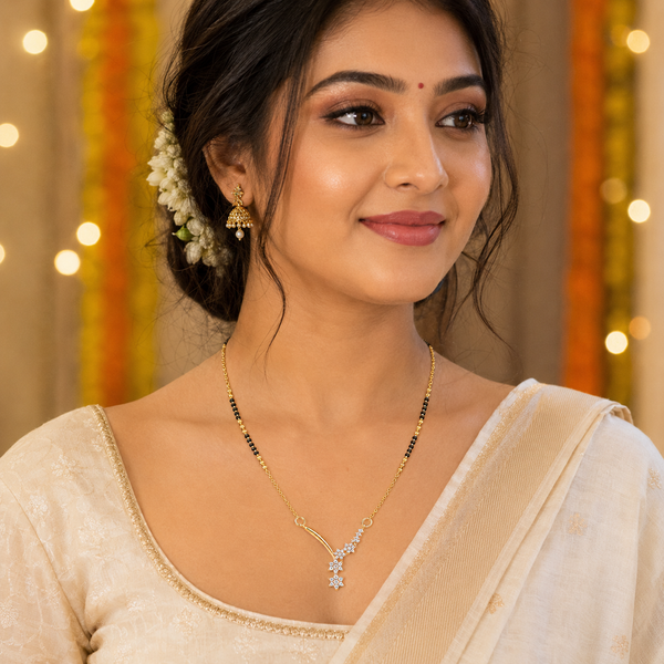 KZ Gold Plated Shooting Star 3 CZ Mangalsutra for Women Black Bead Chain Diagonal Star Pendant FS - House of Viya