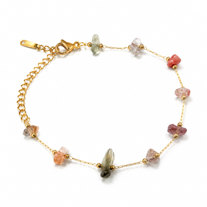 Gold Plated Multi-Colour Natural Stone Chip Dual Strand Delicate Chain Bracelet with Lobster Clasp