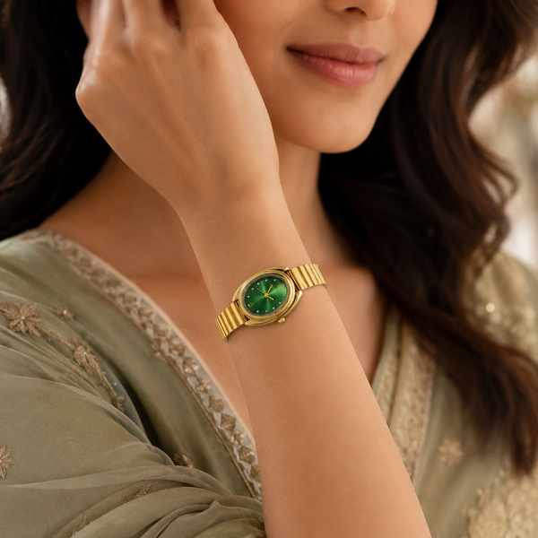 Watches Gold-Tone Oval Green Dial Classic Stretch Bracelet Watch for Women - House of Viya