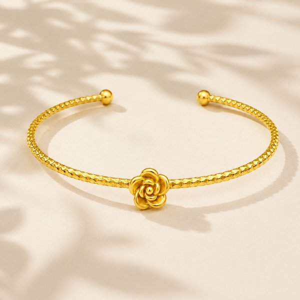 Gold Rose Flower Center Charm Cuff Kada for Women | Beaded Ball End Stainless Steel Ladies Bangle | Floral Festive Wrist Jewellery