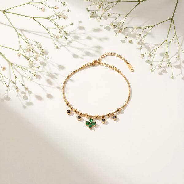 Gold Plated Snake Chain Bracelet with Green Clover and Black Stone Charm Cluster