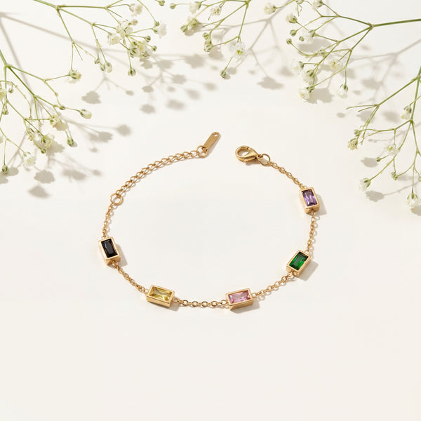 Gold Plated Emerald Cut Multicolor Rectangular Stone Bezel Station Chain Bracelet with Lobster Clasp