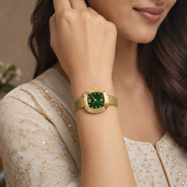 Watches Gold-Tone Cushion Shape Green Dial Crystal Hour Markers Bracelet Watch for Women