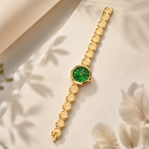Watches Gold-Tone Green Round Dial Beaded Bracelet Watch for Women