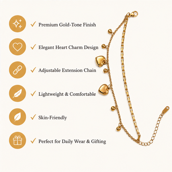 Gold Plated Double Strand Layered Chain Bracelet with Dangling Heart Charms and Bead Drops - House of Viya