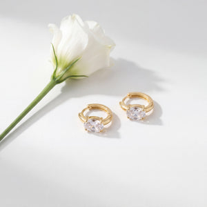 Gold Plated Oval CZ Solitaire Huggie Hoop Earrings