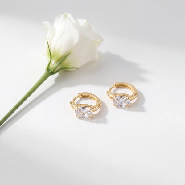 Gold Plated Oval CZ Solitaire Huggie Hoop Earrings