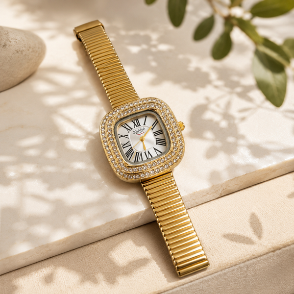 Watches Gold-Tone Square Dial Crystal Studded Bezel Bracelet Watch for Women