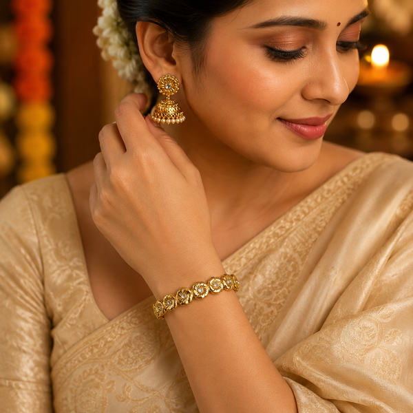 Gold Large Round Flower Motif Diamond Center Oval Kada for Women | Floral Petal Stone Stainless Steel Ladies Bangle | Floral Festive Jewellery - House of Viya