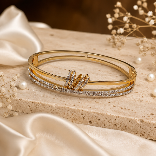Kadas Gold-Tone Rhinestone-Studded Kada with Screw-Motif Design for Women - House of Viya