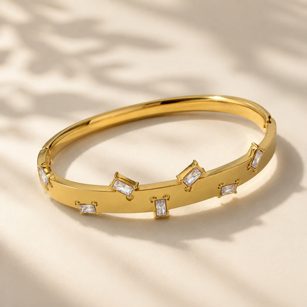 Real Baguette Rectangular White Stone Gold Oval Kada for Women | Channel Set Crystal Stainless Steel Ladies Bangle | White Baguette Jewellery - House of Viya