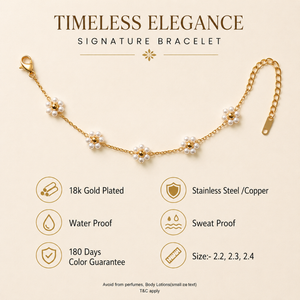 Gold Plated Pearl Cluster Floral Flower Station Delicate Chain Bracelet with Lobster Clasp