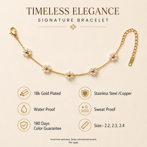 Gold Plated Pearl Cluster Floral Flower Station Delicate Chain Bracelet with Lobster Clasp