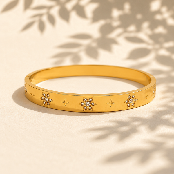 Gold Star Engraved Floral Diamond Cluster Kada for Women | 4-Point Motif Stainless Steel Ladies Bangle | Designer Festive Jewellery - House of Viya