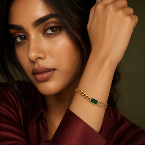 Gold Plated Cuban Curb Chain Bracelet with Rectangular Bezel Set Green Stone Centrepiece and Lobster Clasp